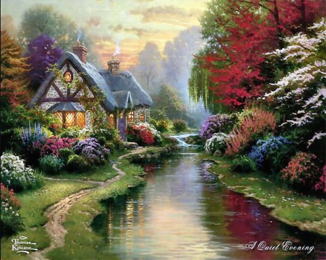 Painting by Thomas Kincaid painting of a house next to a river